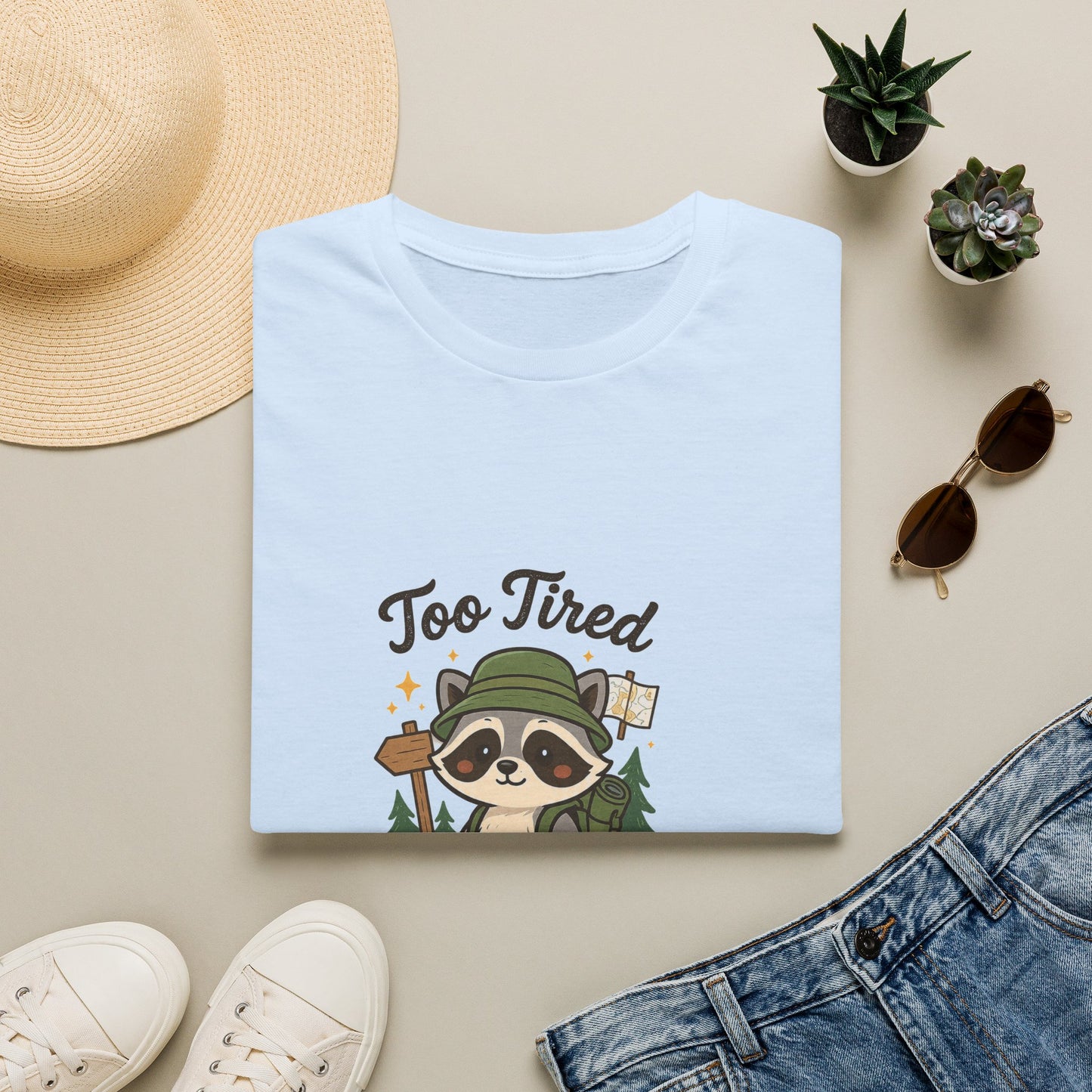 Too Tired For This Trail T-Shirt | Funny Raccoon Hiker Tee | Best Outdoor Humor Gift 2026