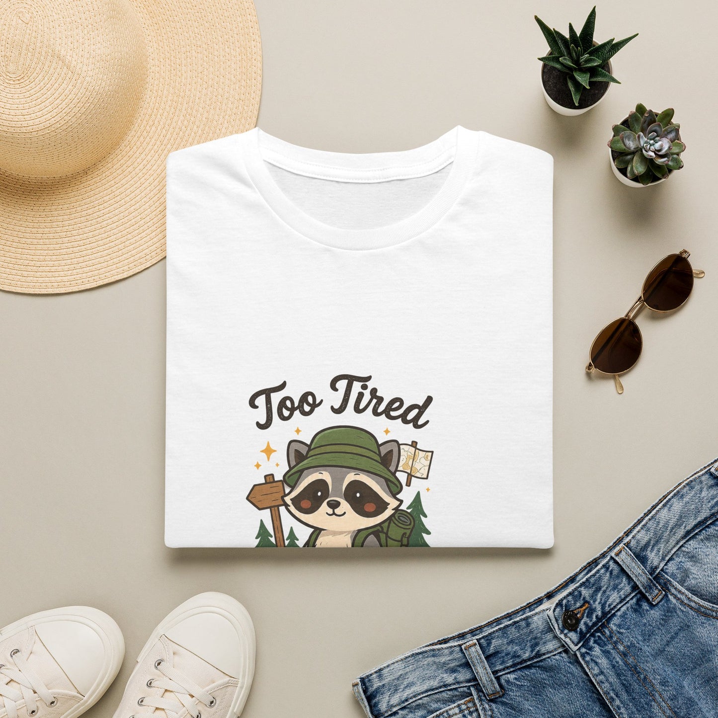 Too Tired For This Trail T-Shirt | Funny Raccoon Hiker Tee | Best Outdoor Humor Gift 2026