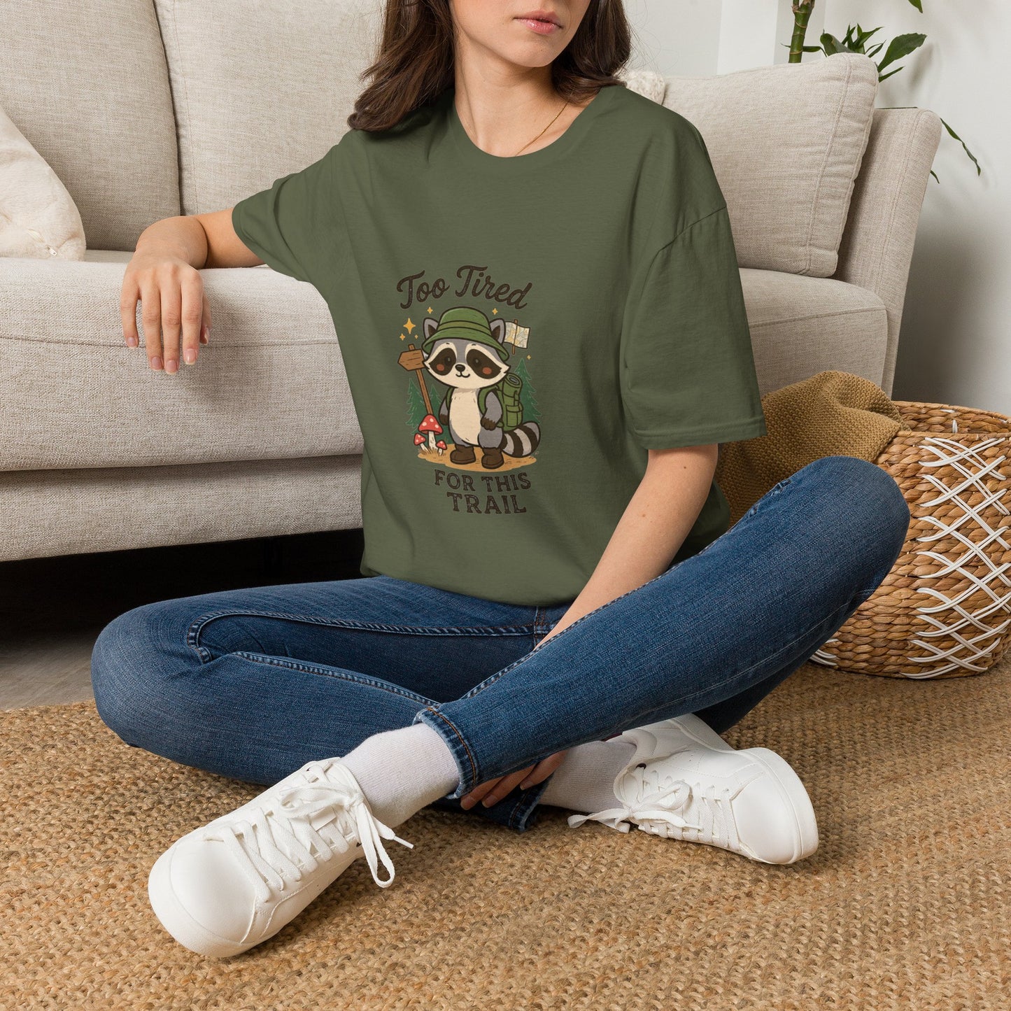 Too Tired For This Trail T-Shirt | Funny Raccoon Hiker Tee | Best Outdoor Humor Gift 2026