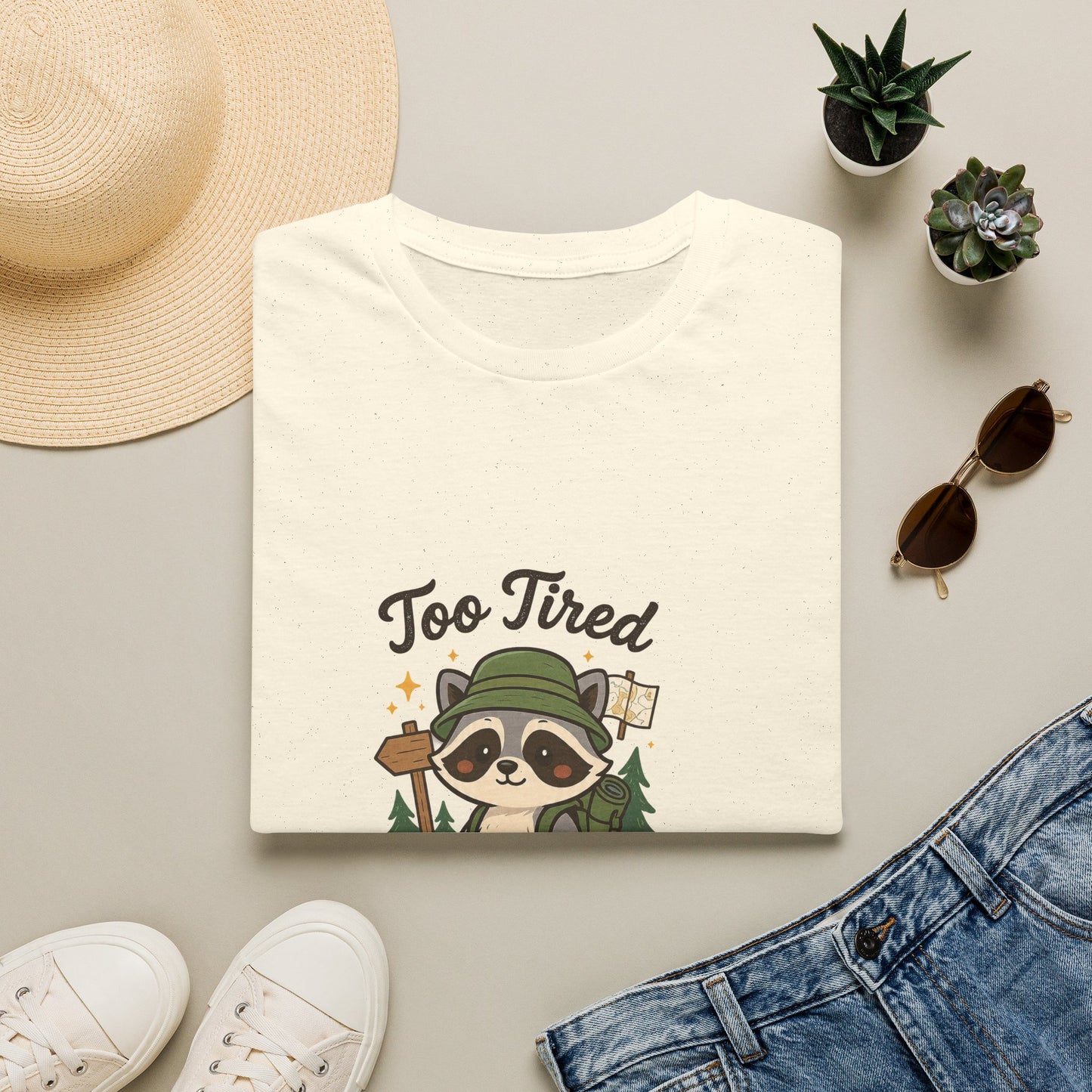 Too Tired For This Trail T-Shirt | Funny Raccoon Hiker Tee | Best Outdoor Humor Gift 2026