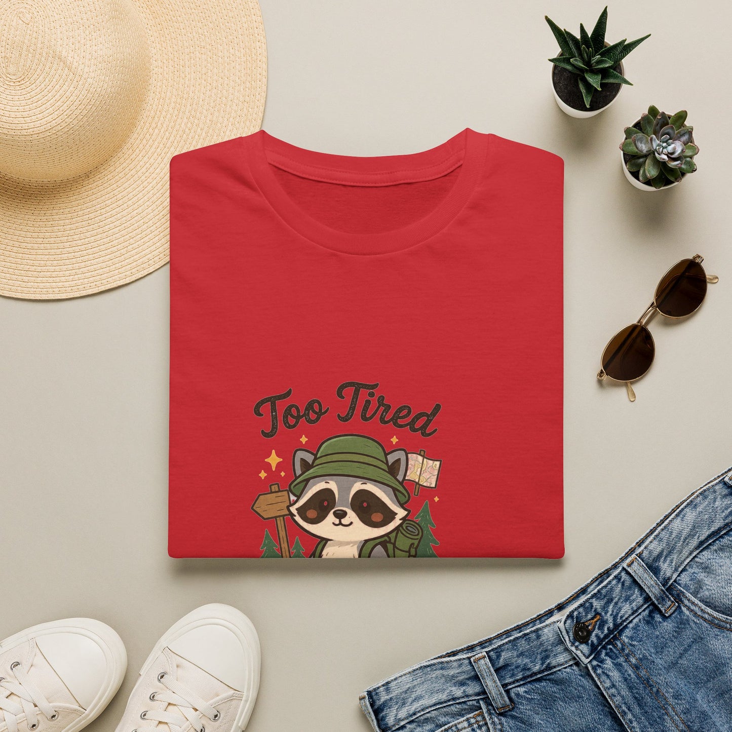 Too Tired For This Trail T-Shirt | Funny Raccoon Hiker Tee | Best Outdoor Humor Gift 2026