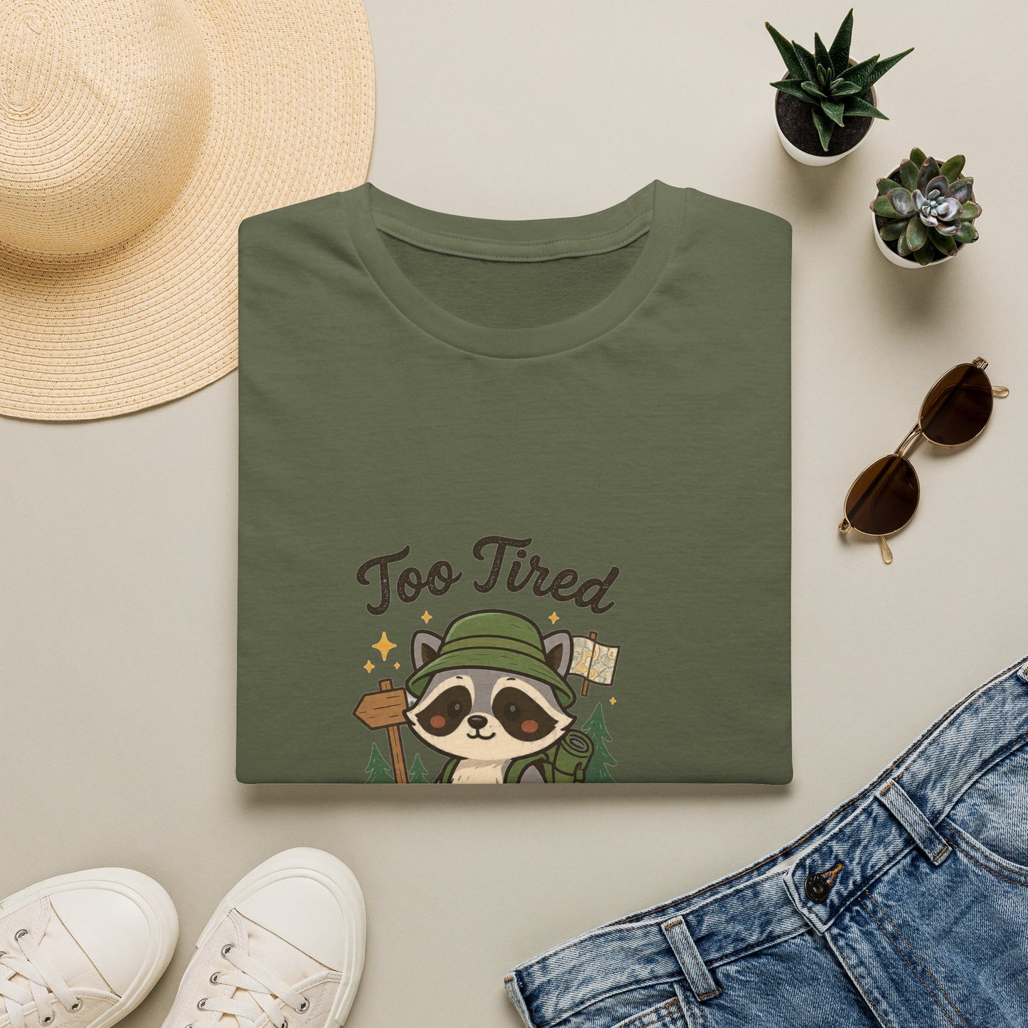Too Tired For This Trail T-Shirt | Funny Raccoon Hiker Tee | Best Outdoor Humor Gift 2026