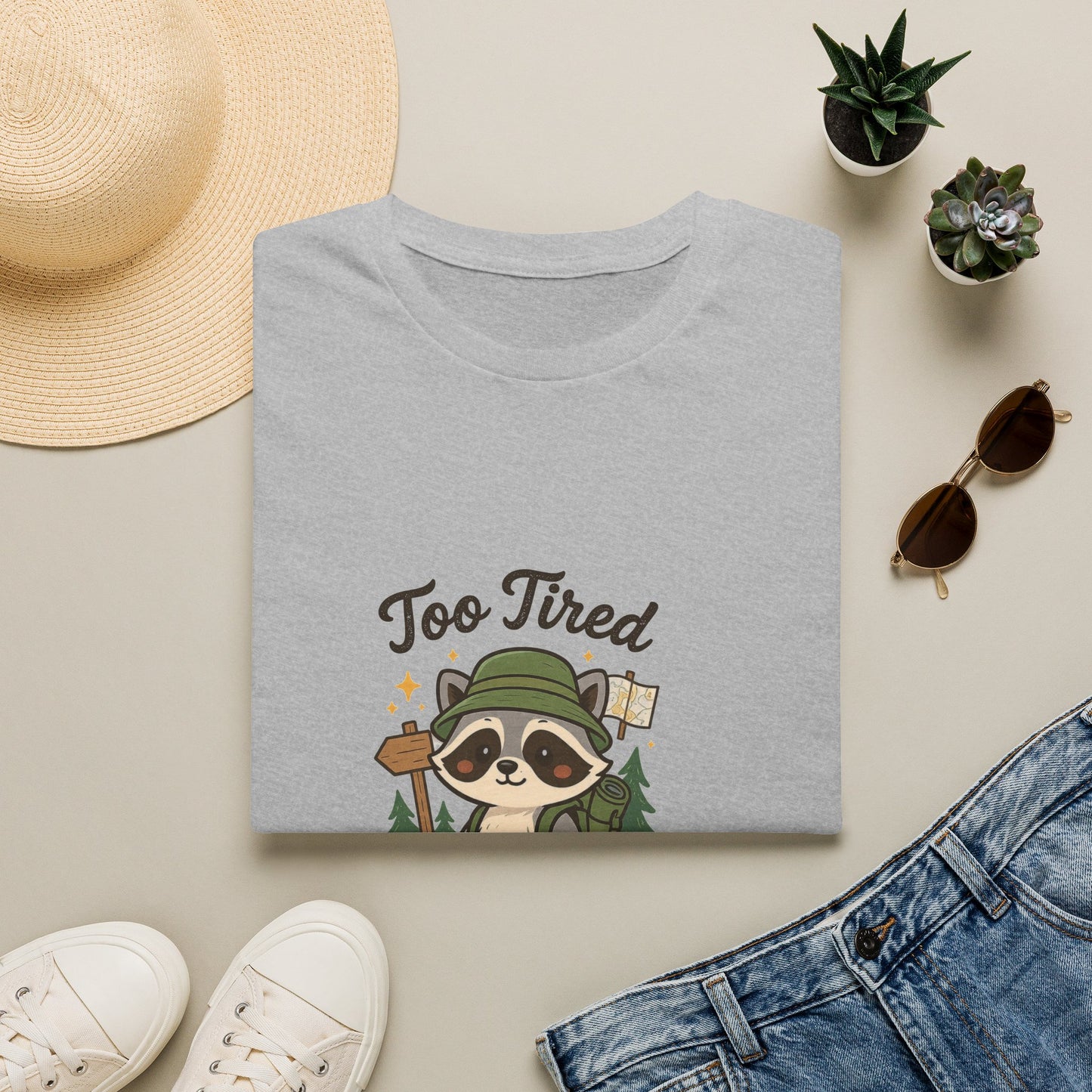 Too Tired For This Trail T-Shirt | Funny Raccoon Hiker Tee | Best Outdoor Humor Gift 2026