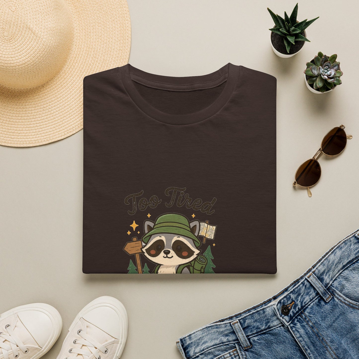 Too Tired For This Trail T-Shirt | Funny Raccoon Hiker Tee | Best Outdoor Humor Gift 2026