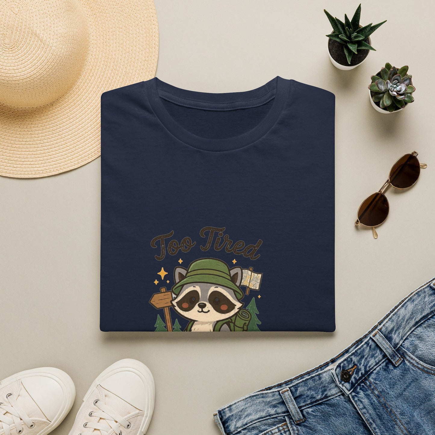 Too Tired For This Trail T-Shirt | Funny Raccoon Hiker Tee | Best Outdoor Humor Gift 2026
