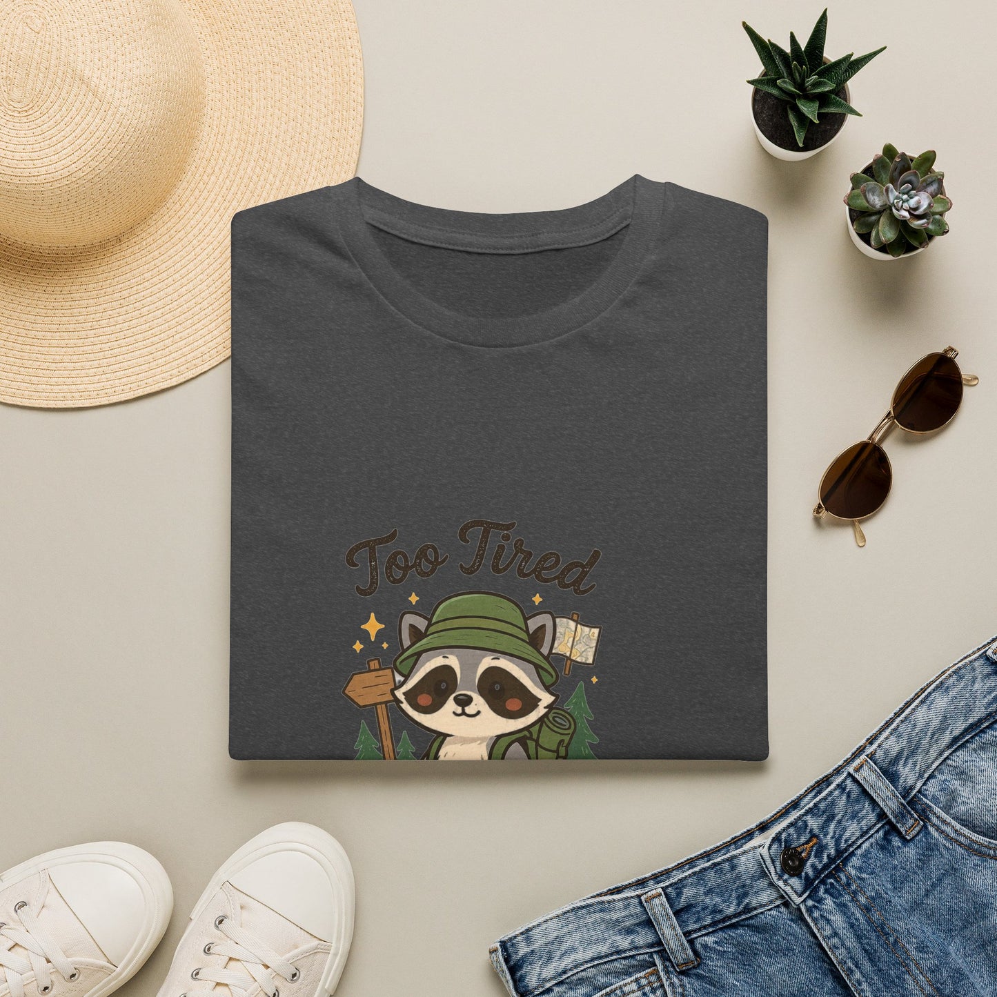 Too Tired For This Trail T-Shirt | Funny Raccoon Hiker Tee | Best Outdoor Humor Gift 2026