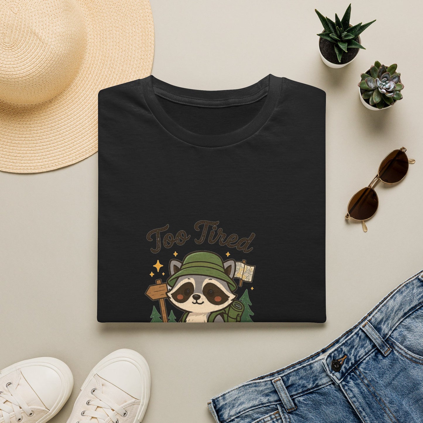 Too Tired For This Trail T-Shirt | Funny Raccoon Hiker Tee | Best Outdoor Humor Gift 2026