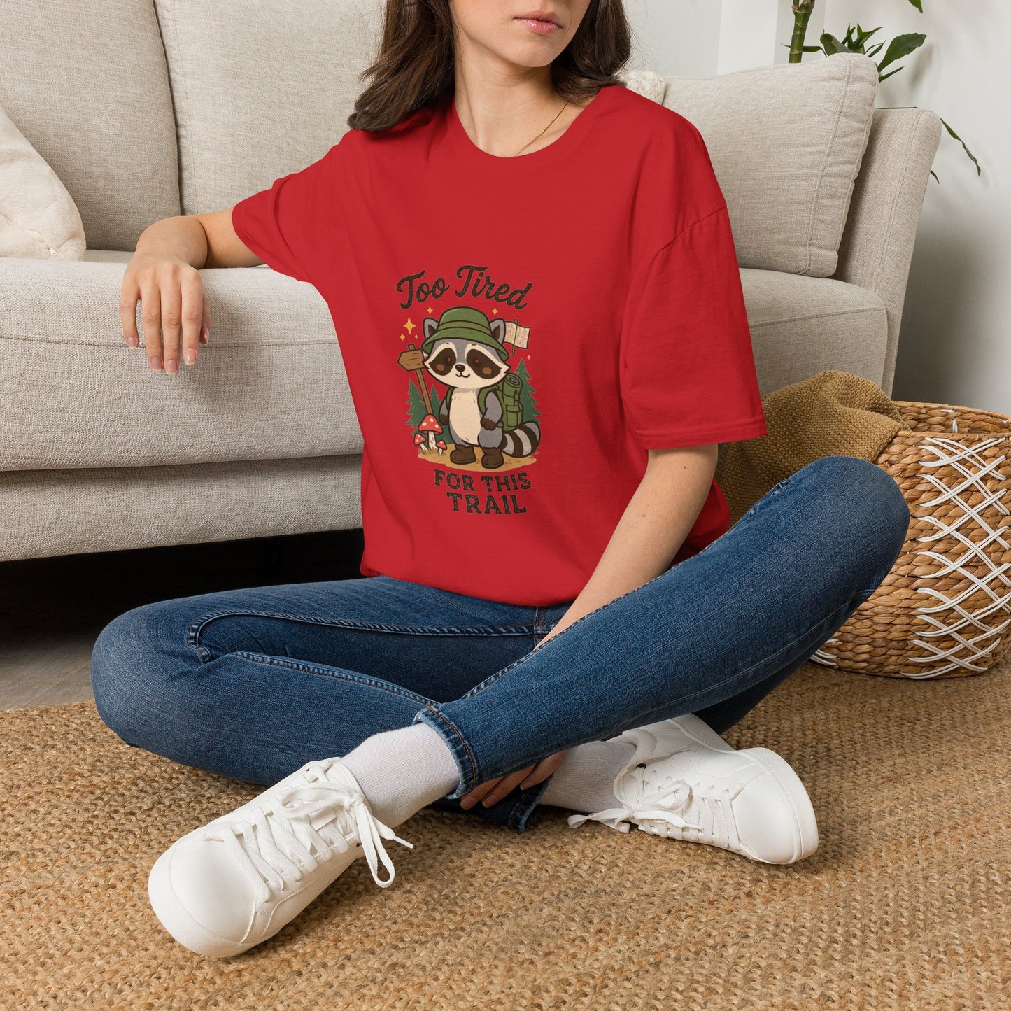 Too Tired For This Trail T-Shirt | Funny Raccoon Hiker Tee | Best Outdoor Humor Gift 2026